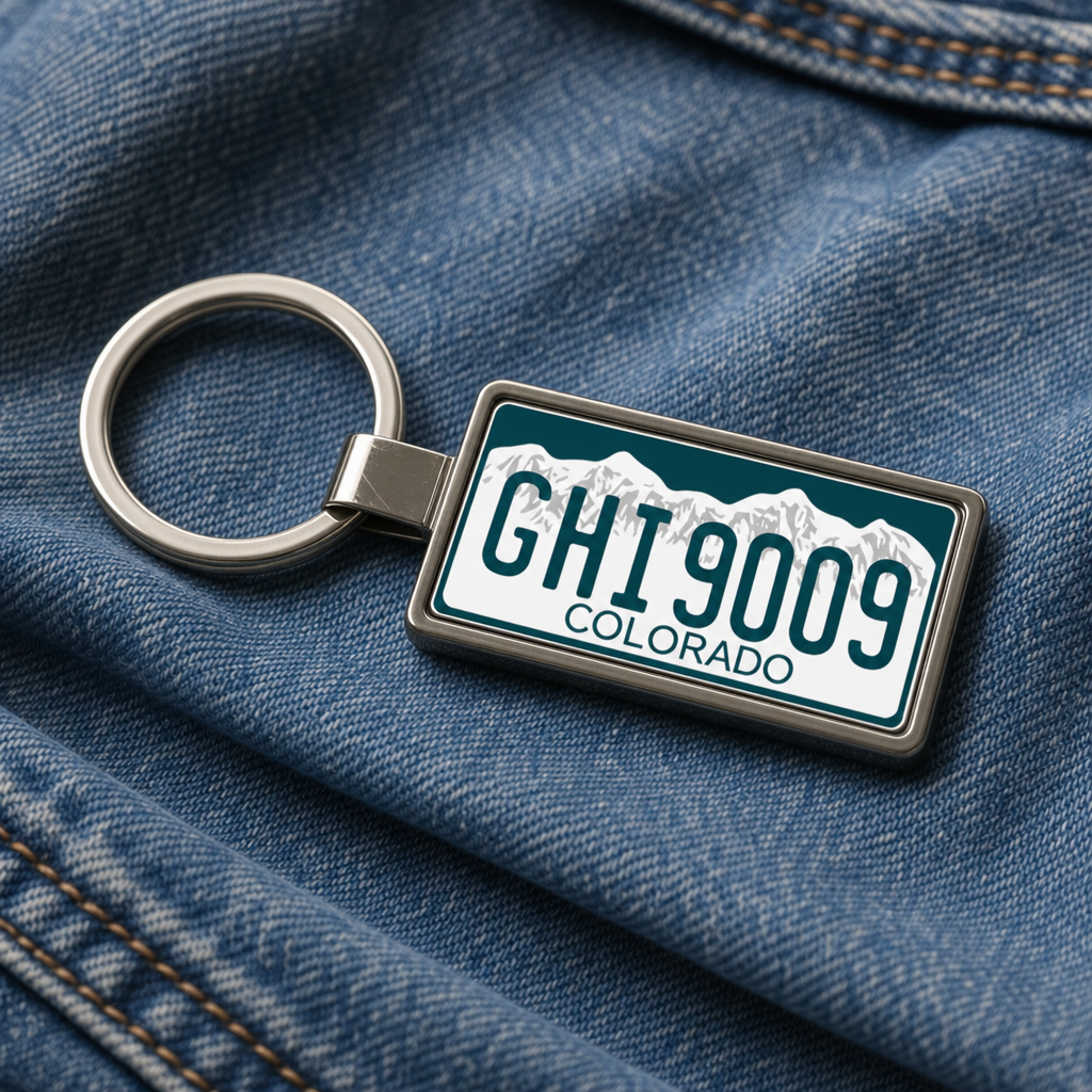 Colorado GHI 909 license plate keychain on_denim