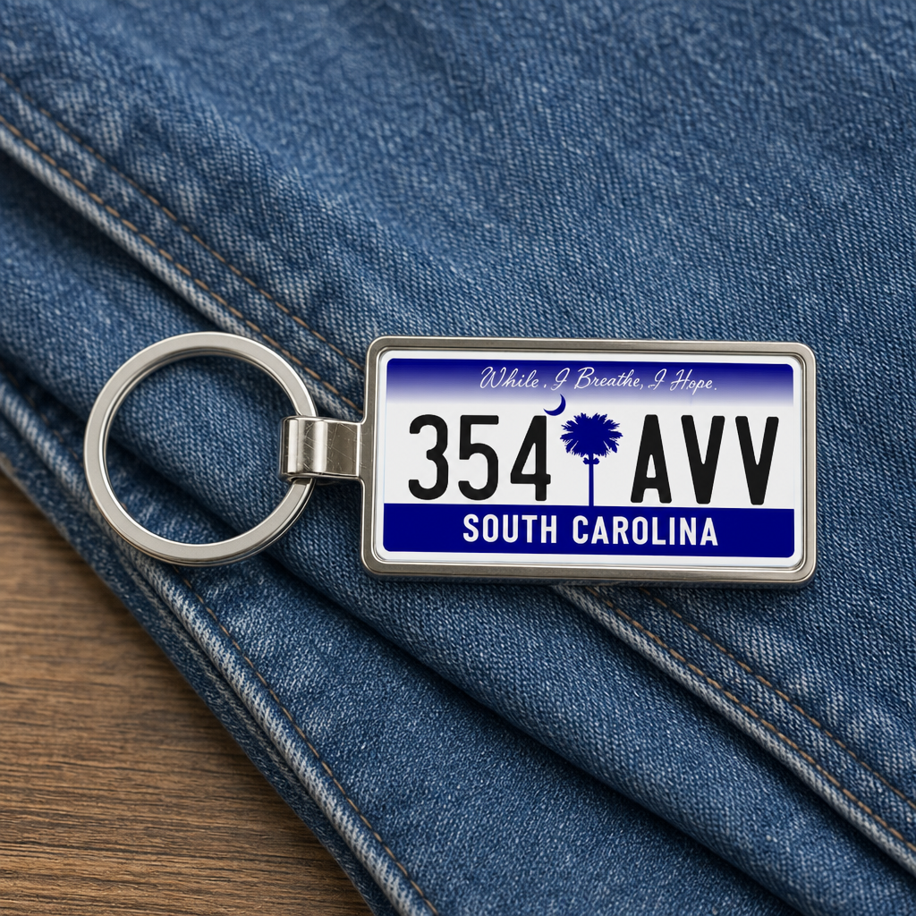 South Carolina 354 AVV license plate keychain on_denim