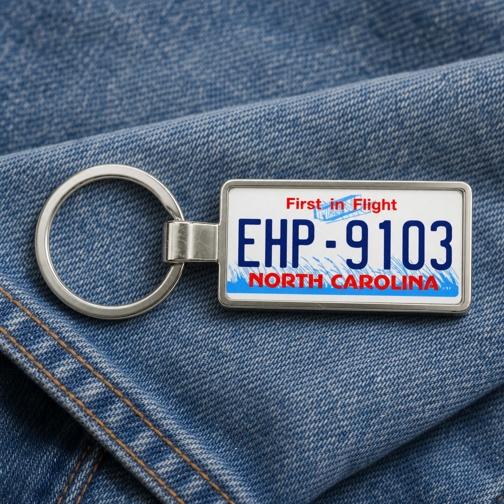North Carolina EHP 9103 license plate keychain on_denim