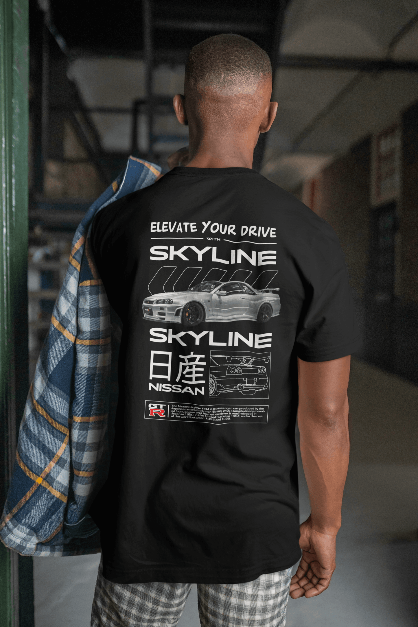 Nissan Skyline GT-R (R34) Graphic T-Shirt — Photo & Line Sketch