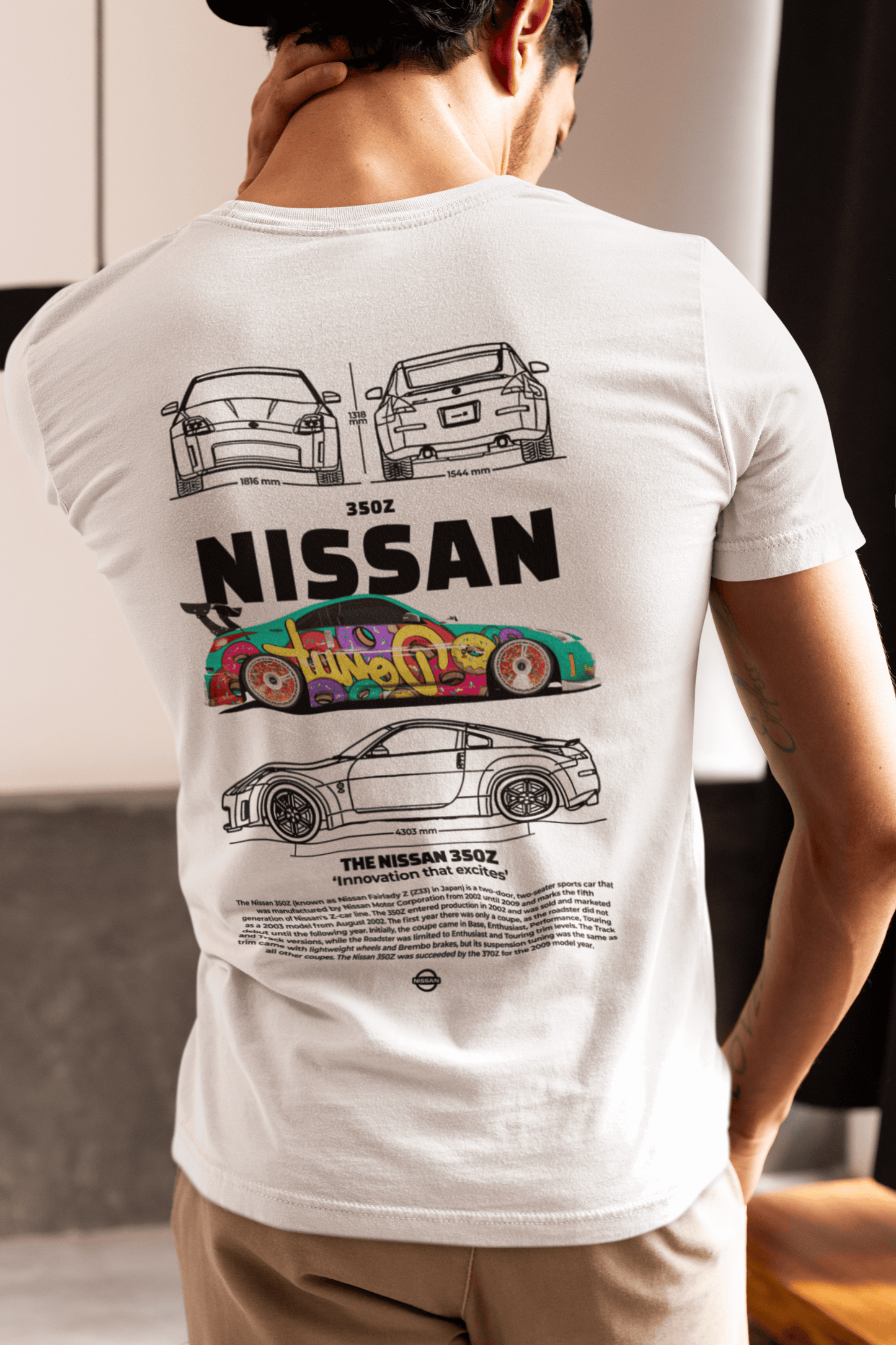 Nissan 350Z White Graphic T-Shirt — Graffiti Blueprint JDM Style