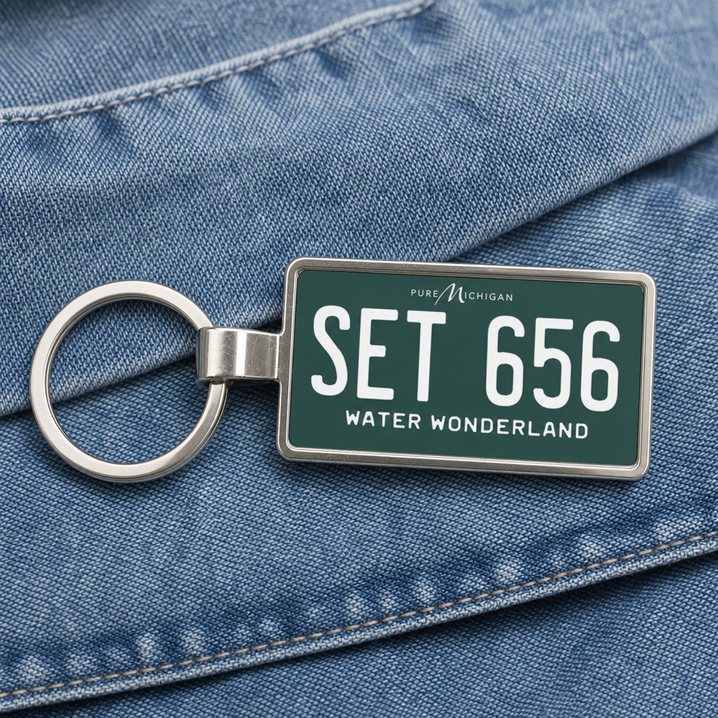Michigan SET 656 license plate keychain on_denim