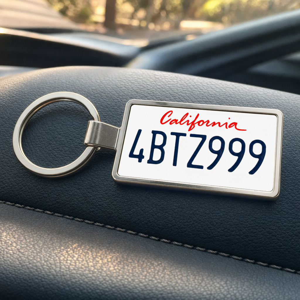 California 4BTZ999 license plate keychain on car dashboard