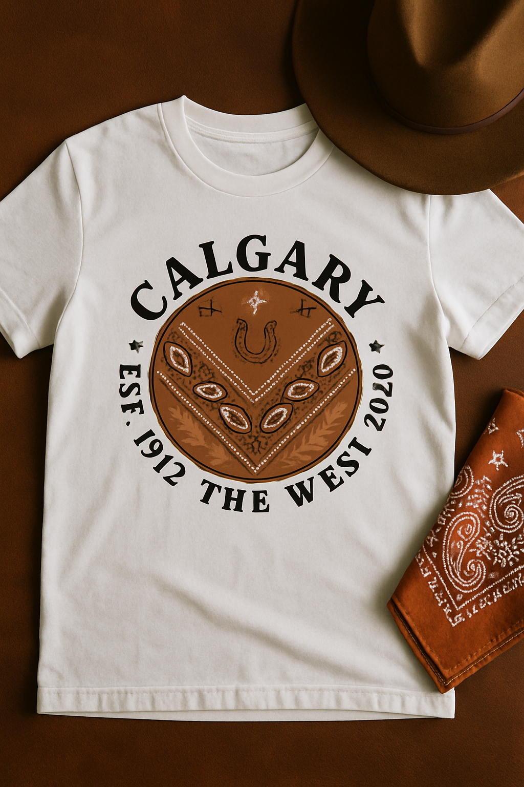 Calgary Bandana 2026 white t-shirt flat-lay on brown leather with cowboy hat and paisley bandana