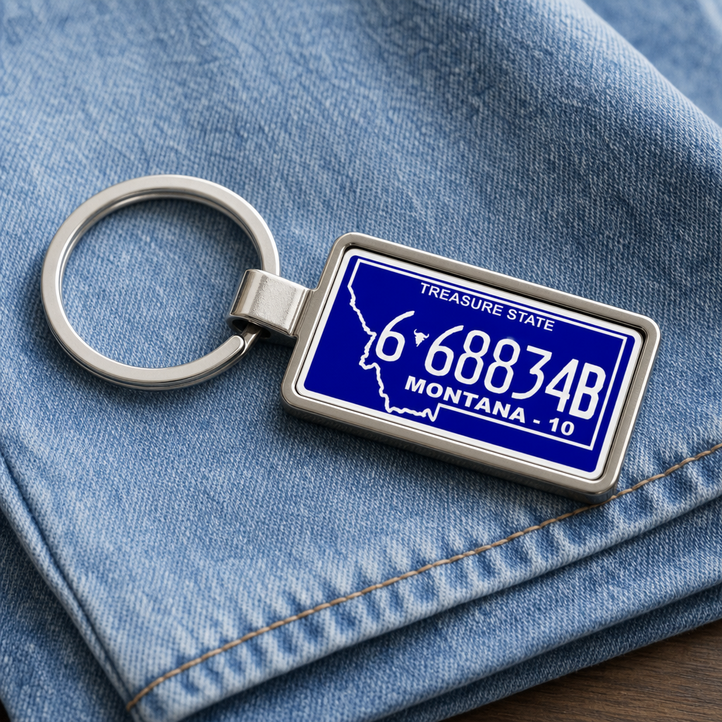 Montana 6 68834B license plate keychain on_denim