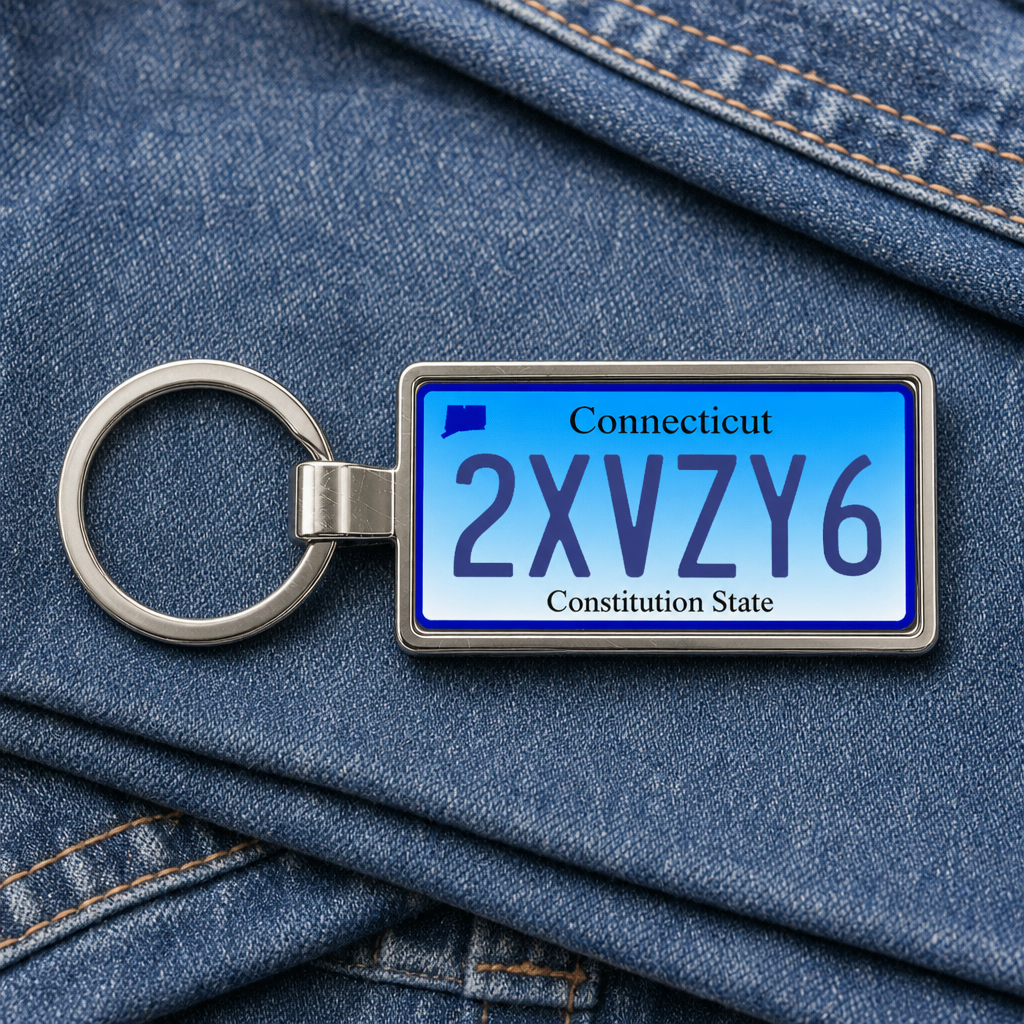 Connecticut 2XVZY6 license plate keychain on_denim