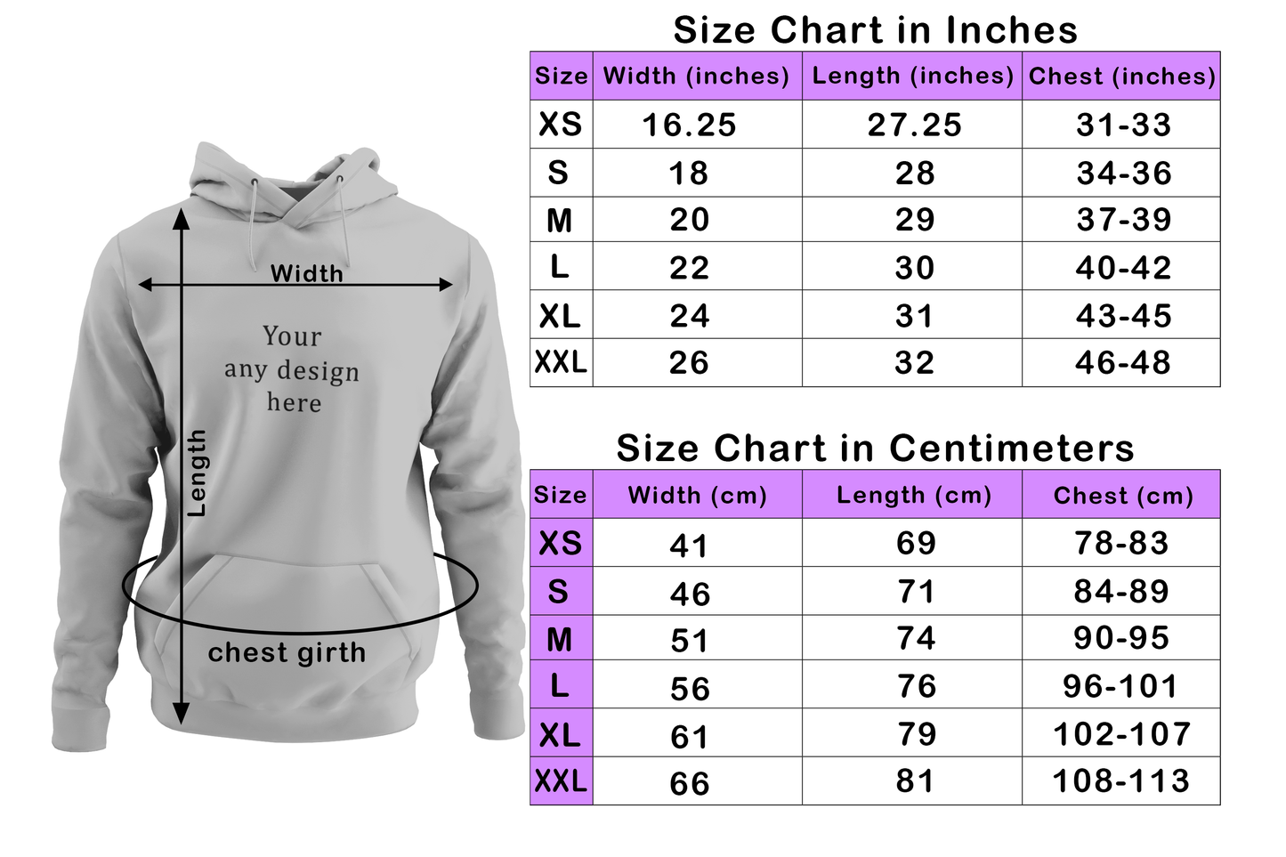 Size chart featuring a grey hoodie with labeled dimensions for width, length, and chest girth. The chart includes size details in both inches and centimeters for XS to XXL sizes. Created by Your iDeas Shop
