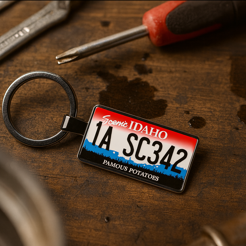 Keychain with Idaho license plate design on a wooden surface with tools.