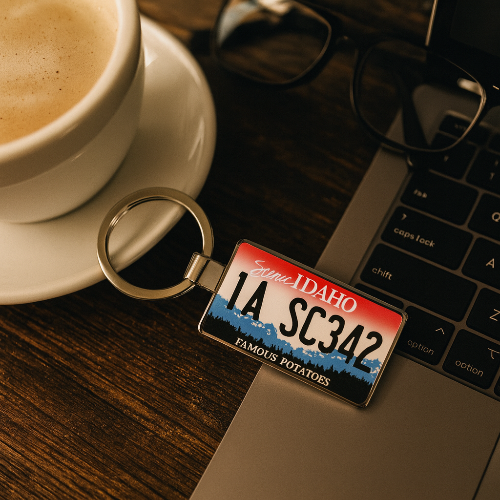 Keychain resembling a license plate on a desk with a cup of coffee and glasses.