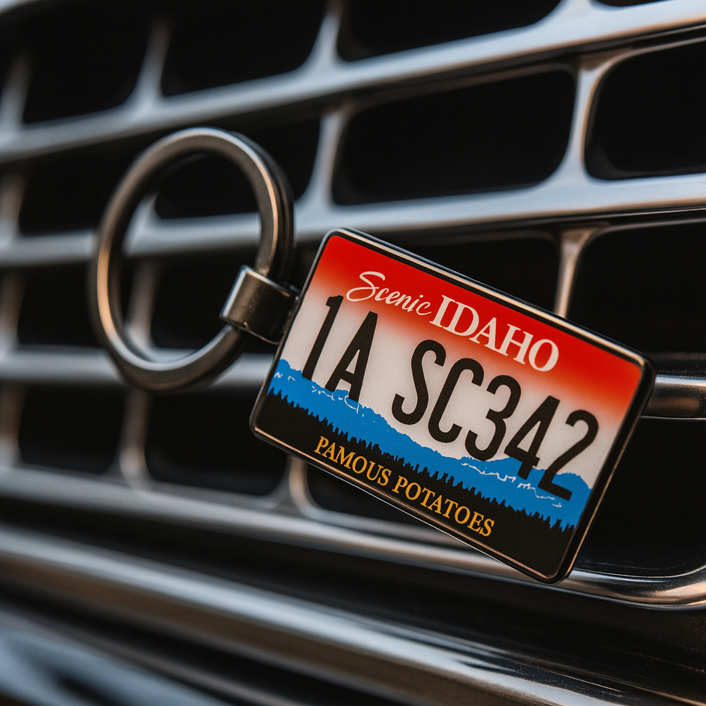 Idaho license plate keychain attached to a car's grille