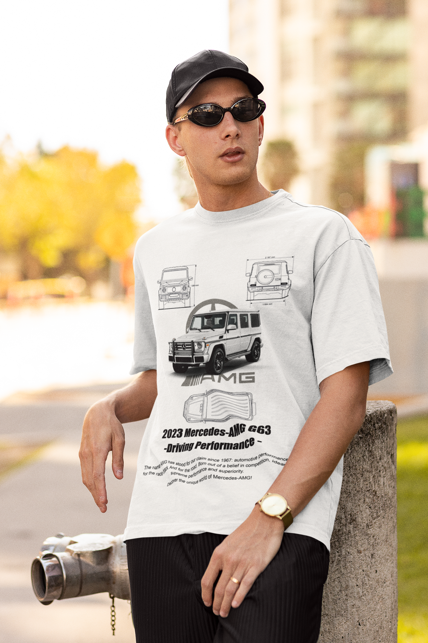 Mercedes-AMG G63 Graphic T-Shirt — Photo & Line Sketch (White)