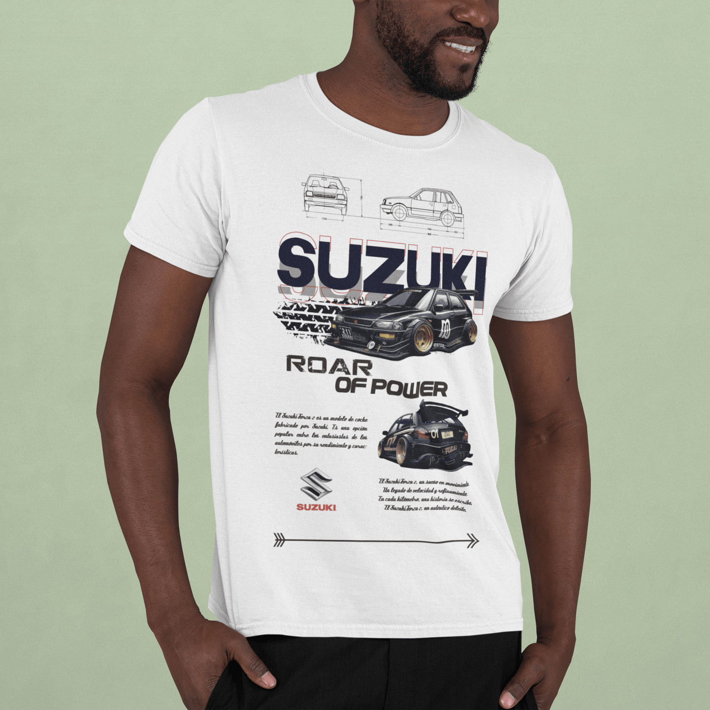 Suzuki Swift Graphic tee featuring bold SUZUKI lettering and technical designs stating 'Roar of Power'.