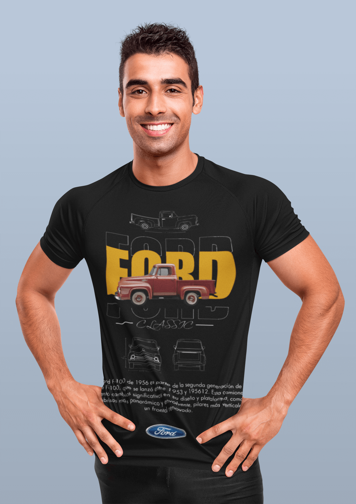 Ford F-100 (1956) Graphic T-Shirt — Photo & Line Sketch