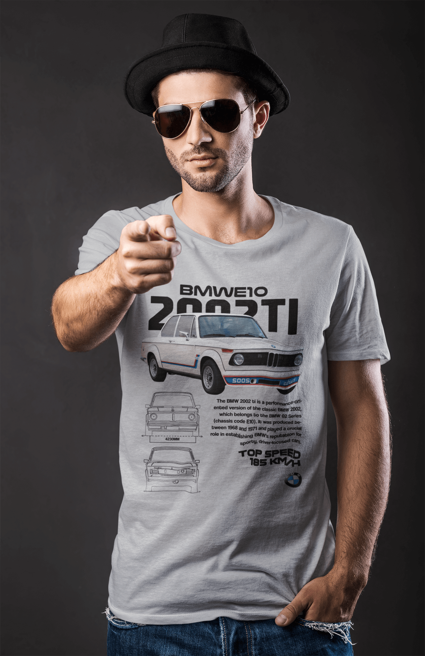 BMW 2002 ti (E10) Graphic T‑Shirt — Photo & Line Sketch
