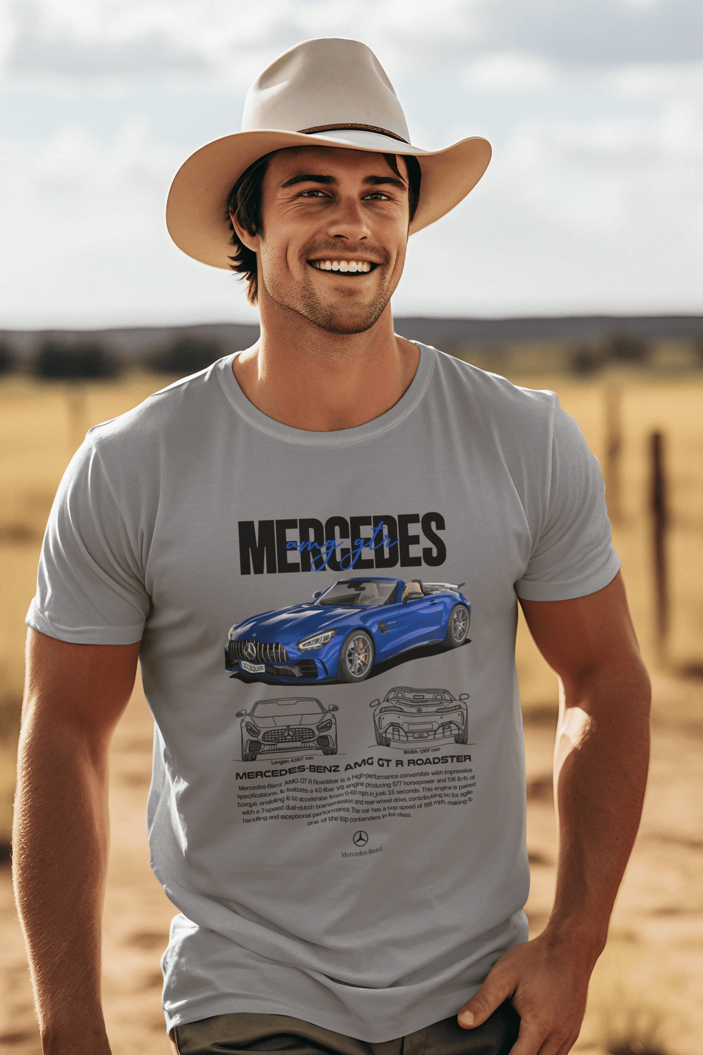 Mercedes-Benz AMG GT R Roadster Graphic T-Shirt — Photo & Line Sketch (Blue)