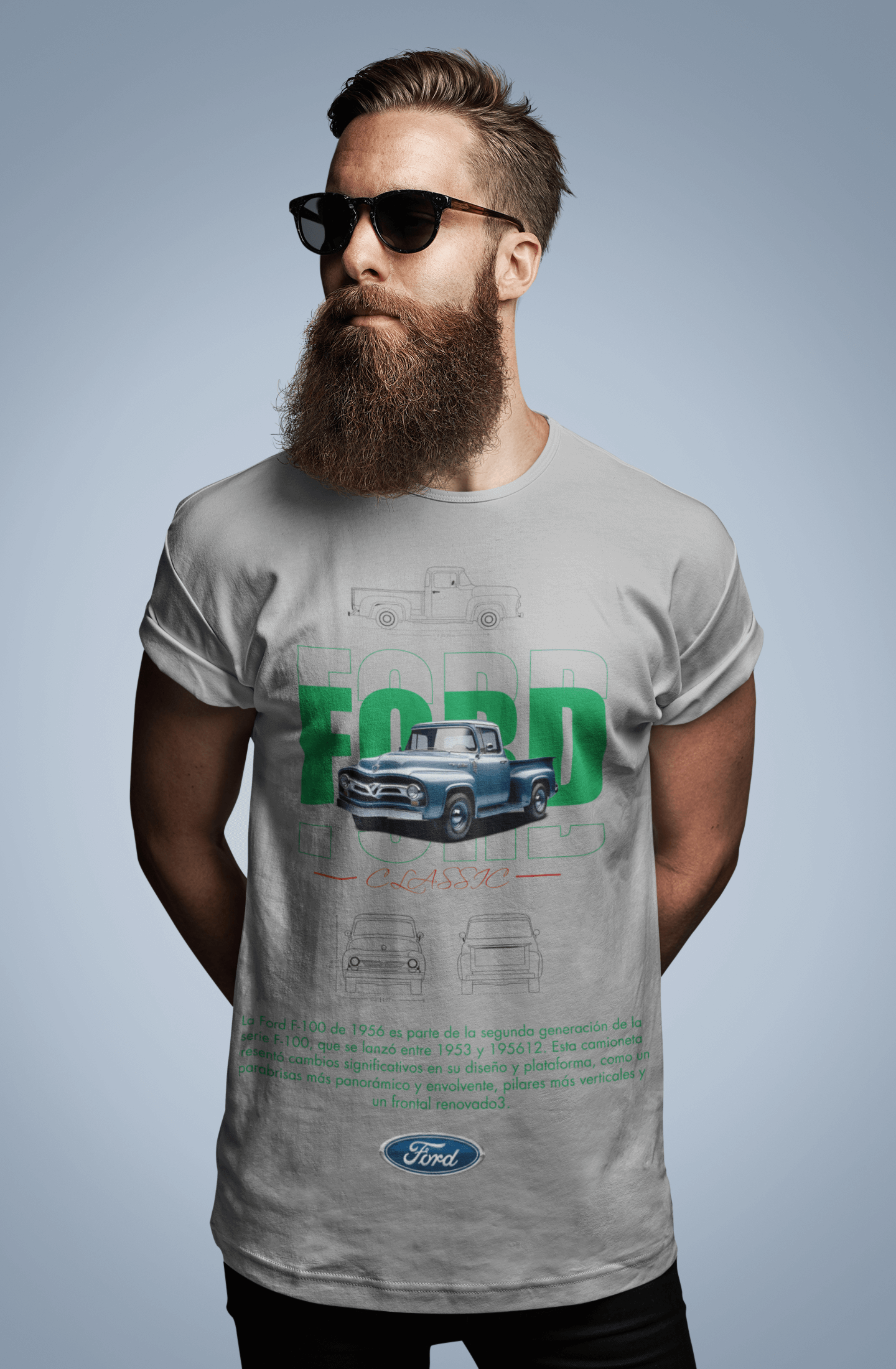 Ford F-100 (1956) Classic Graphic T-Shirt — Photo & Line Sketch