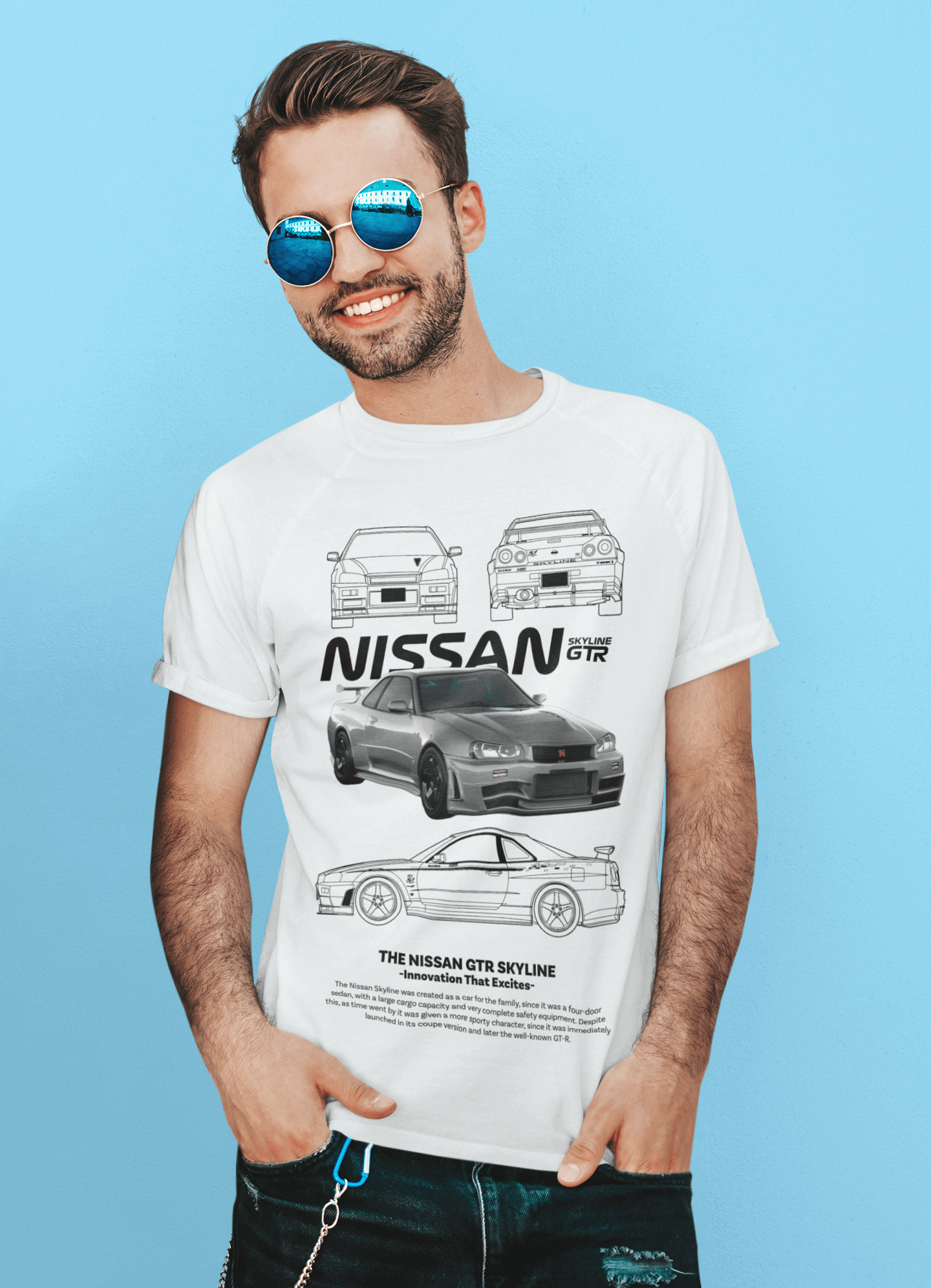 Nissan Skyline GT-R R34 Graphic T-Shirt — Silver Coupe Blueprint