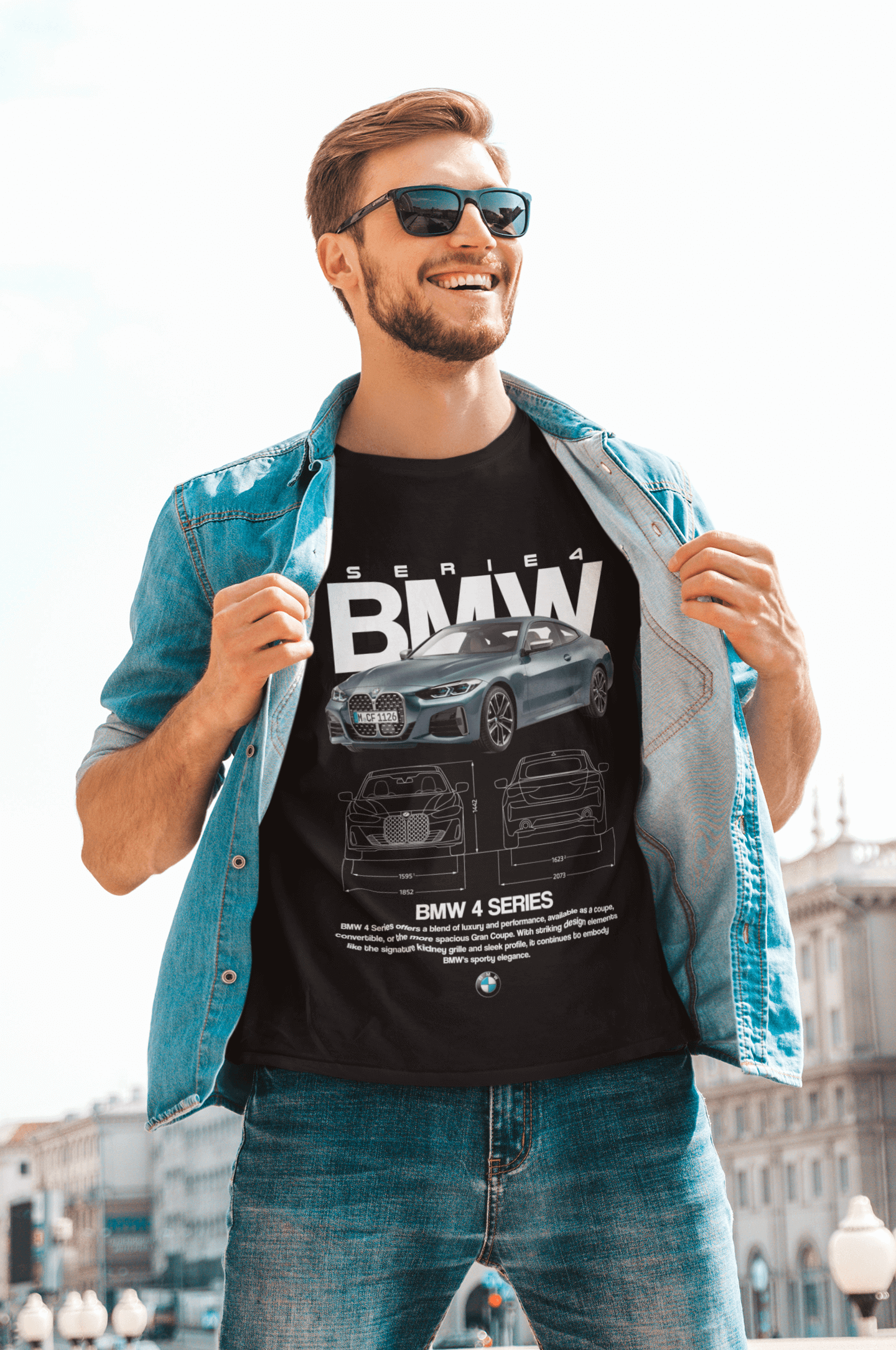 BMW 4 Series Graphic T‑Shirt — Photo & Line Sketch
