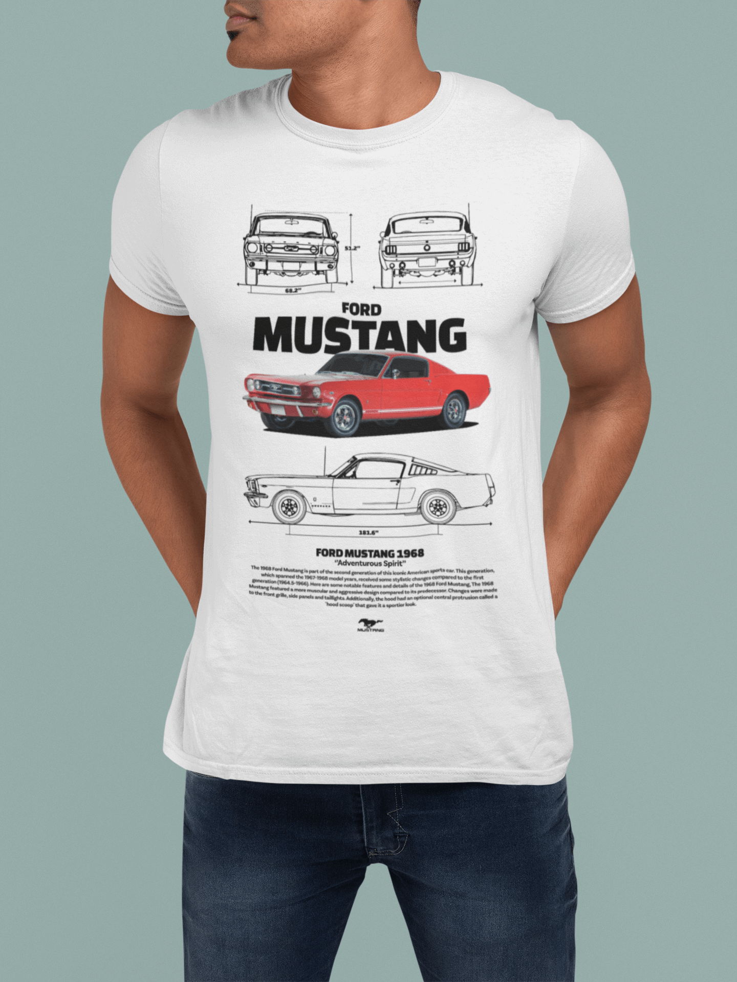 Ford Mustang 1968 Graphic T-Shirt — Photo & Line Sketch
