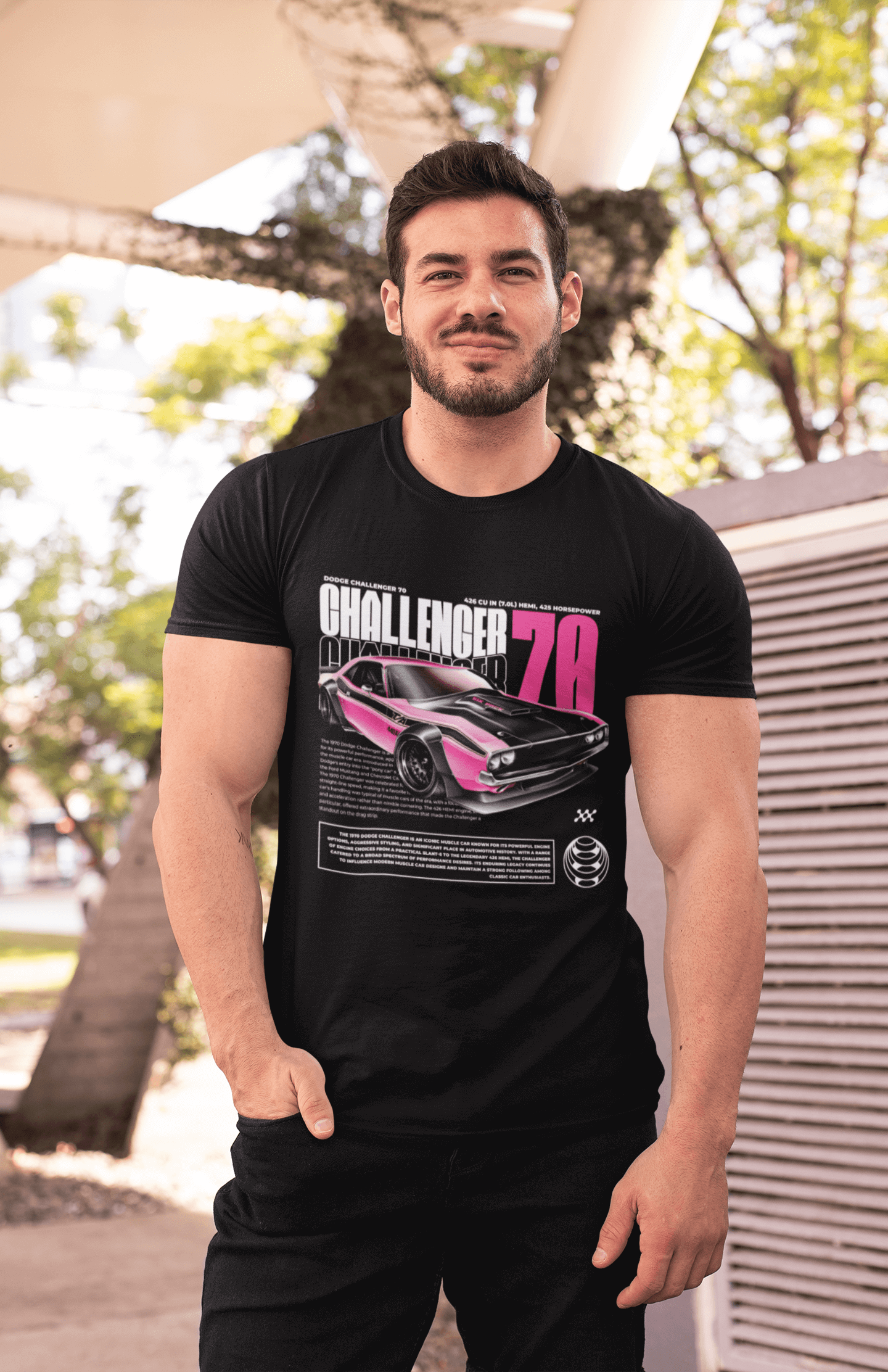 Dodge Challenger ’70 426 HEMI Graphic T‑Shirt — Racing Poster Artwork