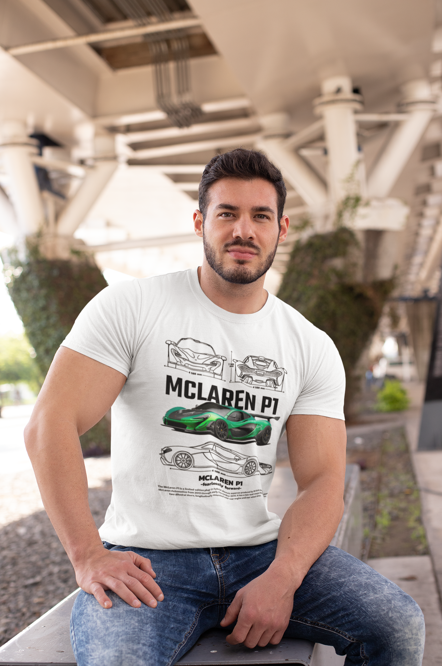 McLaren P1 Graphic T-Shirt — Photo & Line Sketch (Green)