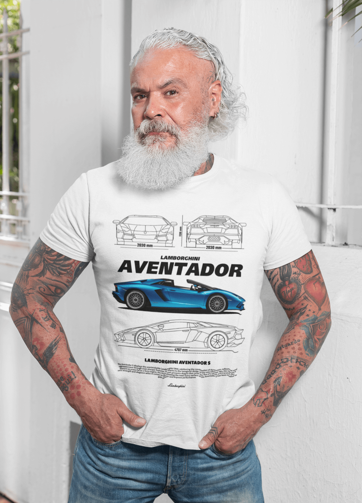 Lamborghini Aventador S Graphic T-Shirt — Photo & Line Sketch (Blue)