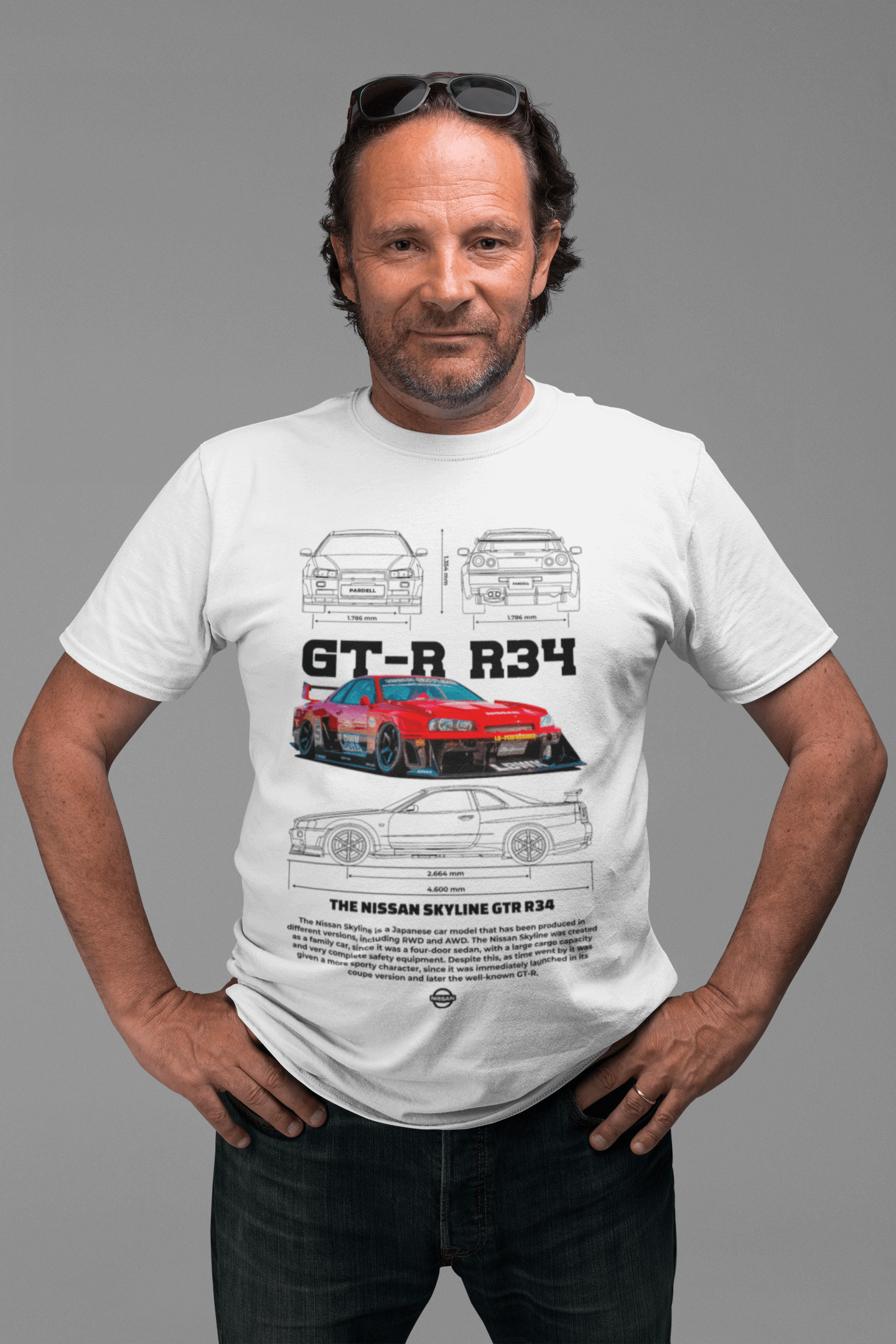 Nissan Skyline GT-R R34 Graphic T-Shirt — Blueprint & Race Car Poster