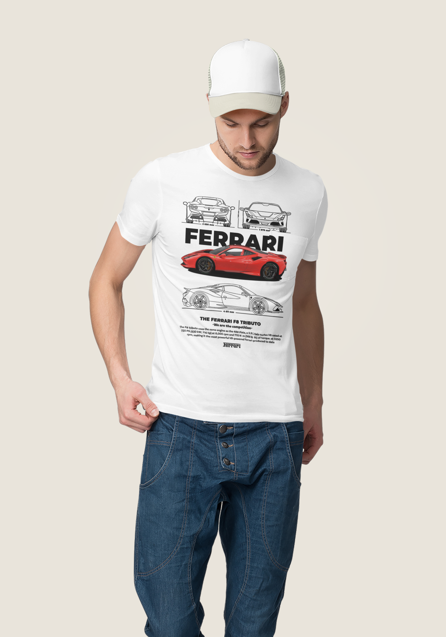 Ferrari F8 Tributo Graphic T-Shirt — Photo & Line Sketch