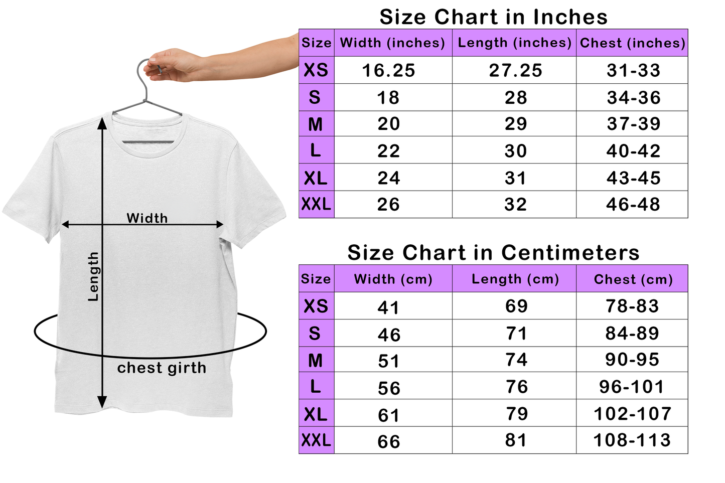 T-shirt size chart comparison in inches and centimeters, showing width, length, and chest measurements for sizes XS to XXL. Includes a visual illustration of a white t-shirt with labeled dimensions for width, length, and chest girth.