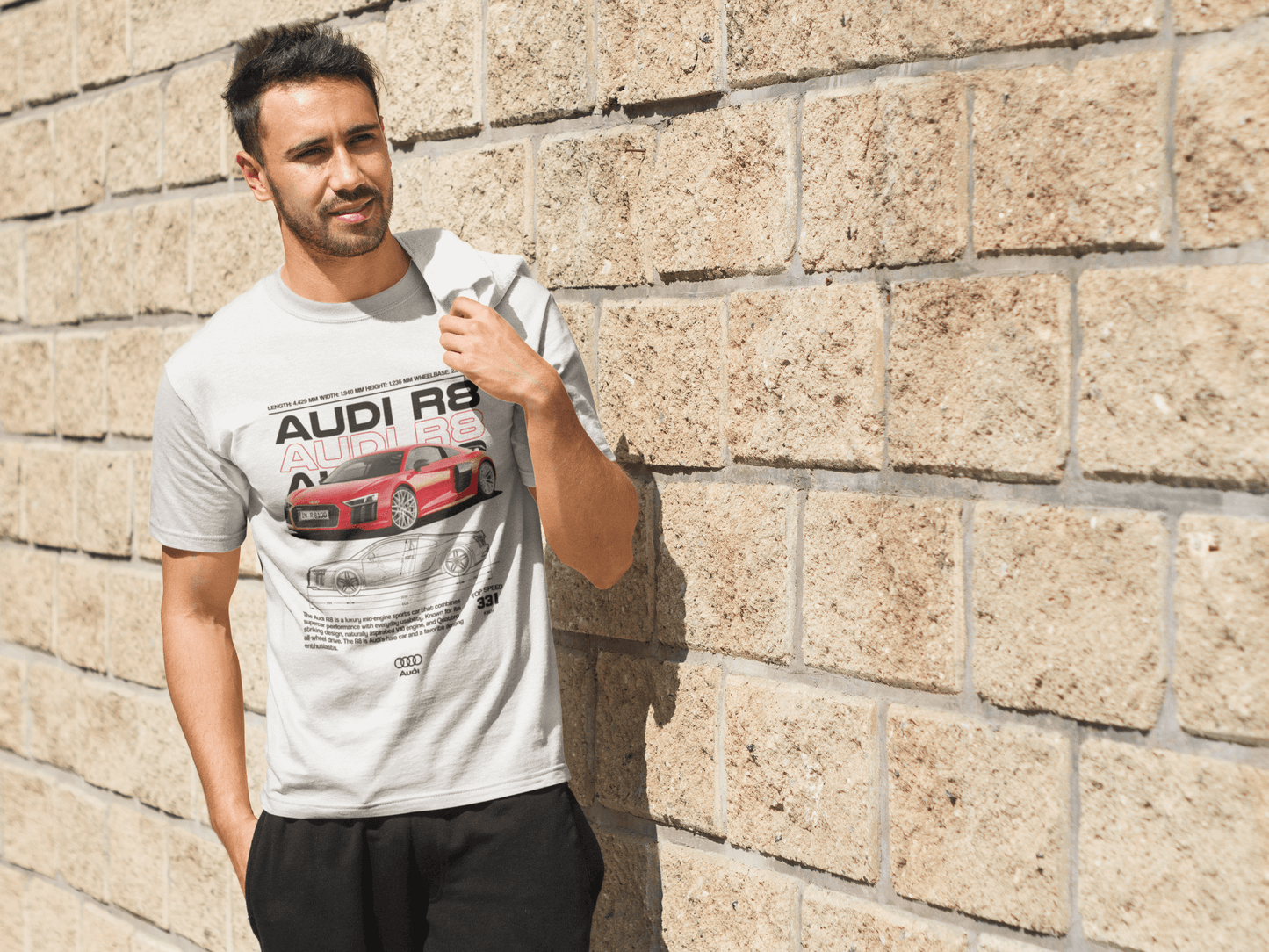 Audi R8 Graphic T‑Shirt — Red Supercar Poster & Blueprint