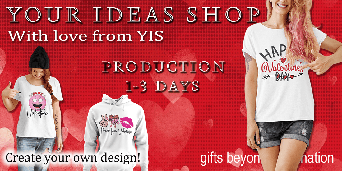 A wide Valentine-themed banner with a red, heart-patterned background featuring two women wearing Valentine’s T-shirts on the sides, a hoodie with Valentine’s prints in the center