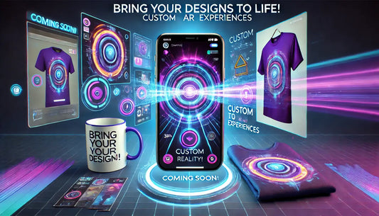 Promotional banner for an augmented reality feature showing a smartphone projecting holographic videos from printed items like a mug, t-shirt, and card