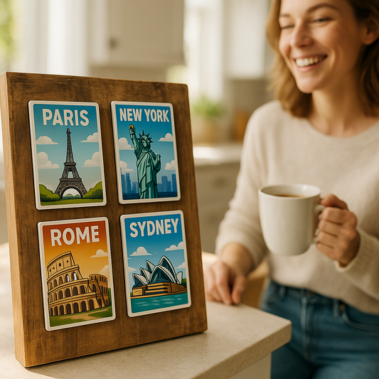 Miniature Travel: Postcard Magnets from Different Cities
