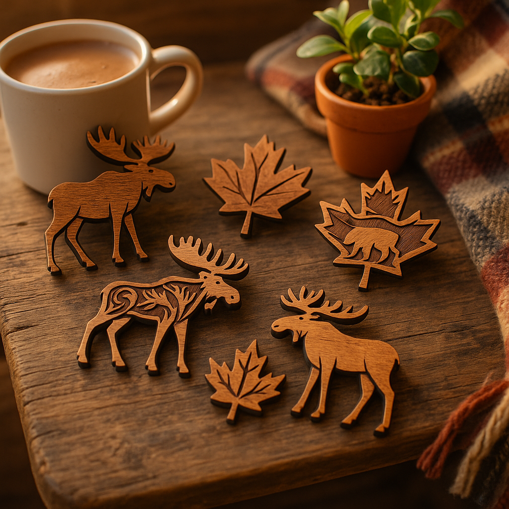 Custom Wooden Magnets with Moose and Maple Leaf Designs