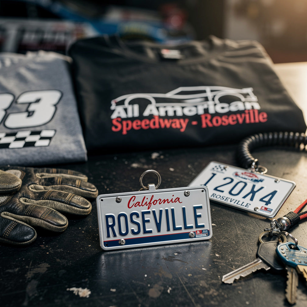 Roseville’s Return: California License Plate Keychains & Custom Tees for All American Speedway Fans