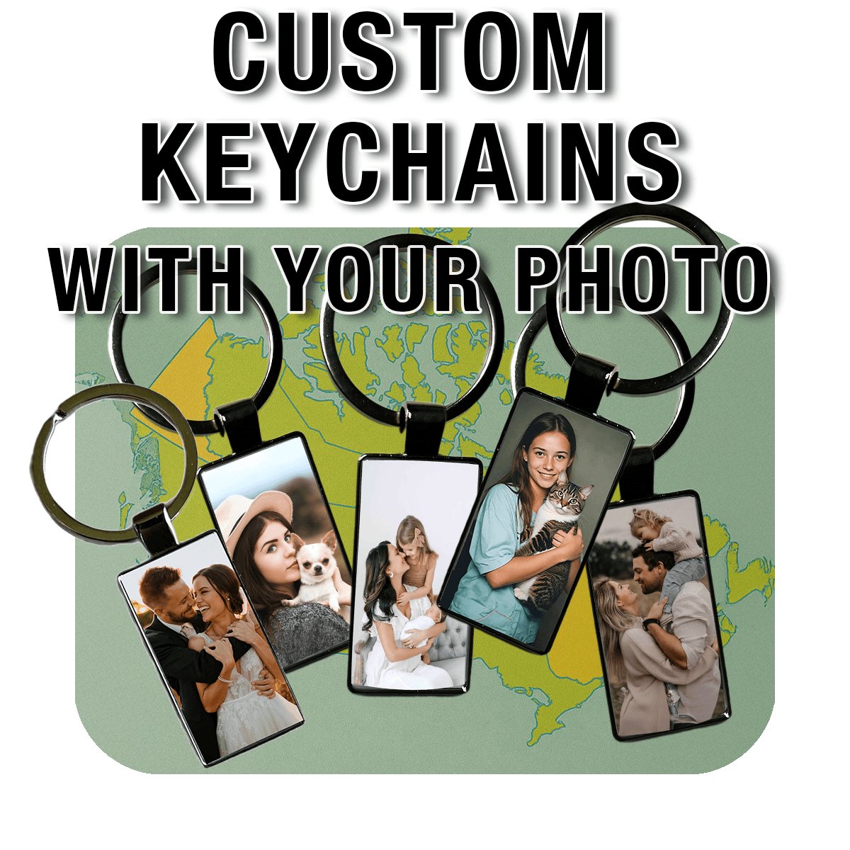 Custom keychains featuring your personal photos, displayed on rectangular metal charms. A perfect gift idea for loved ones or keepsakes for special memories. Made by Your iDeas Shop.
