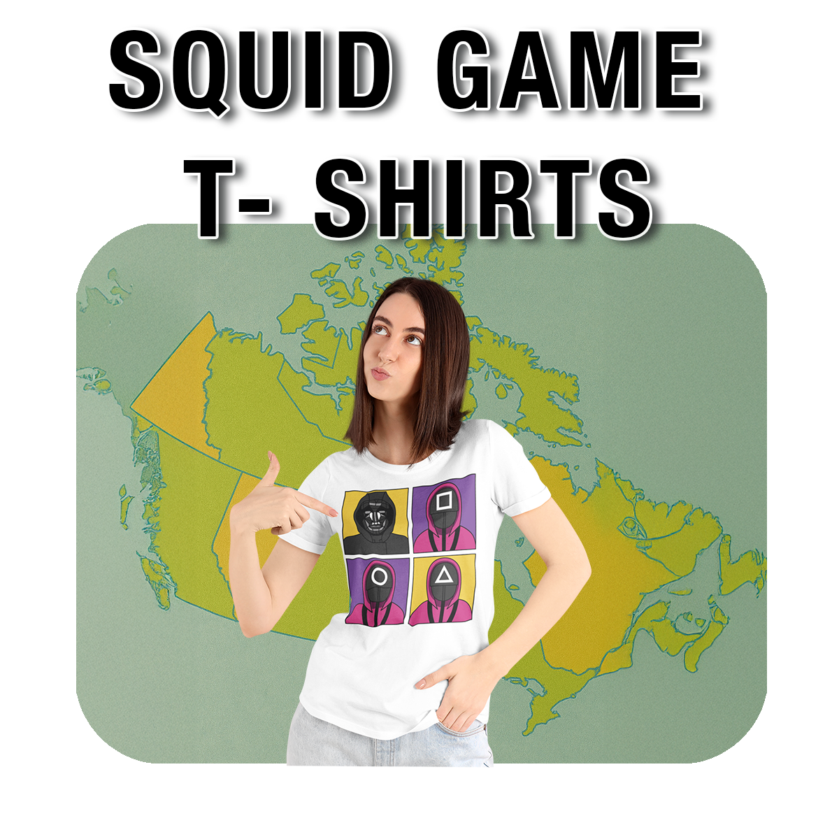 A white T-shirt featuring a graphic design of characters from Squid Game, including masked guards with different shapes and the Front Man. The design is divided into four vibrant panels and worn by a young woman posing against a stylized