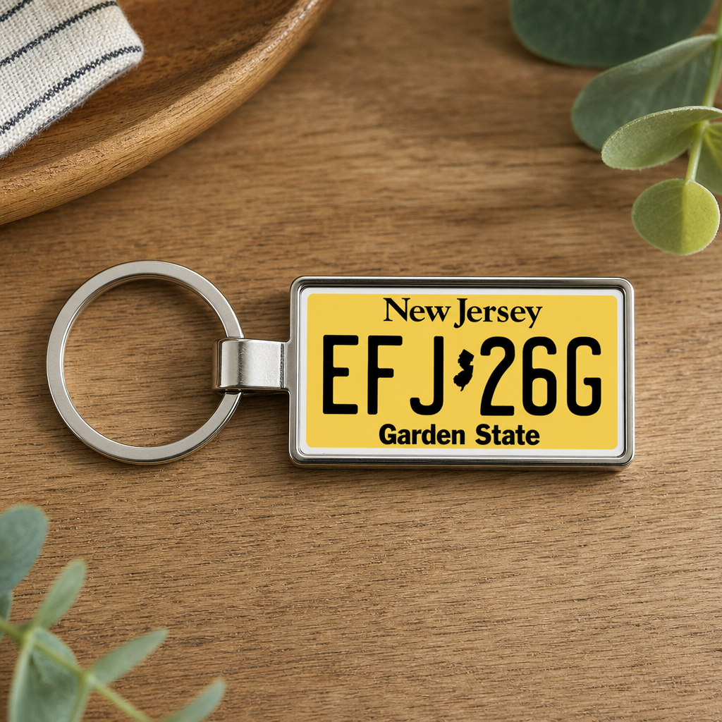 New Jersey EFJ 26G license plate keychain on_wood