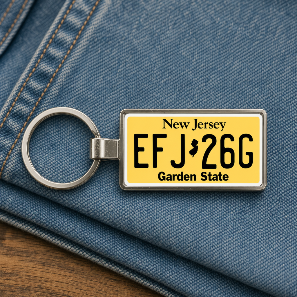 New Jersey EFJ 26G license plate keychain on_denim