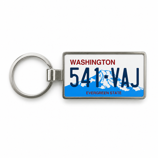 Washington 541 VAJ license plate keychain on white background