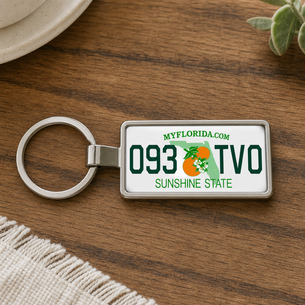 Florida 093 TVO license plate keychain on_wood