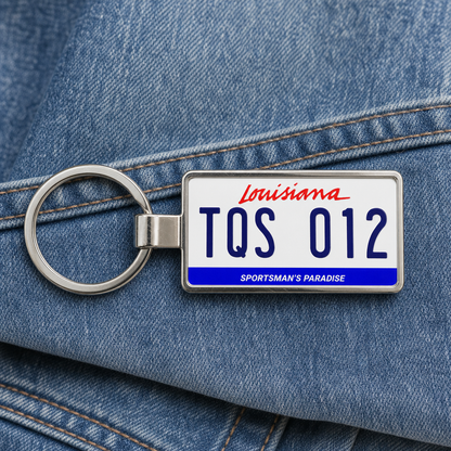 Louisiana TQS 012 license plate keychain on_denim