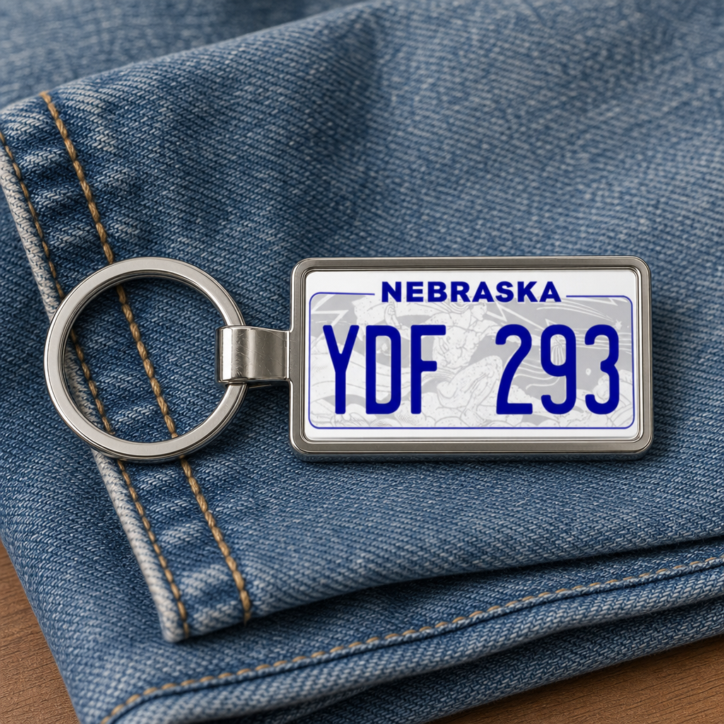Nebraska YDF 293 license plate keychain on_denim