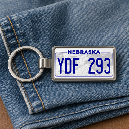 Nebraska YDF 293 license plate keychain on_denim