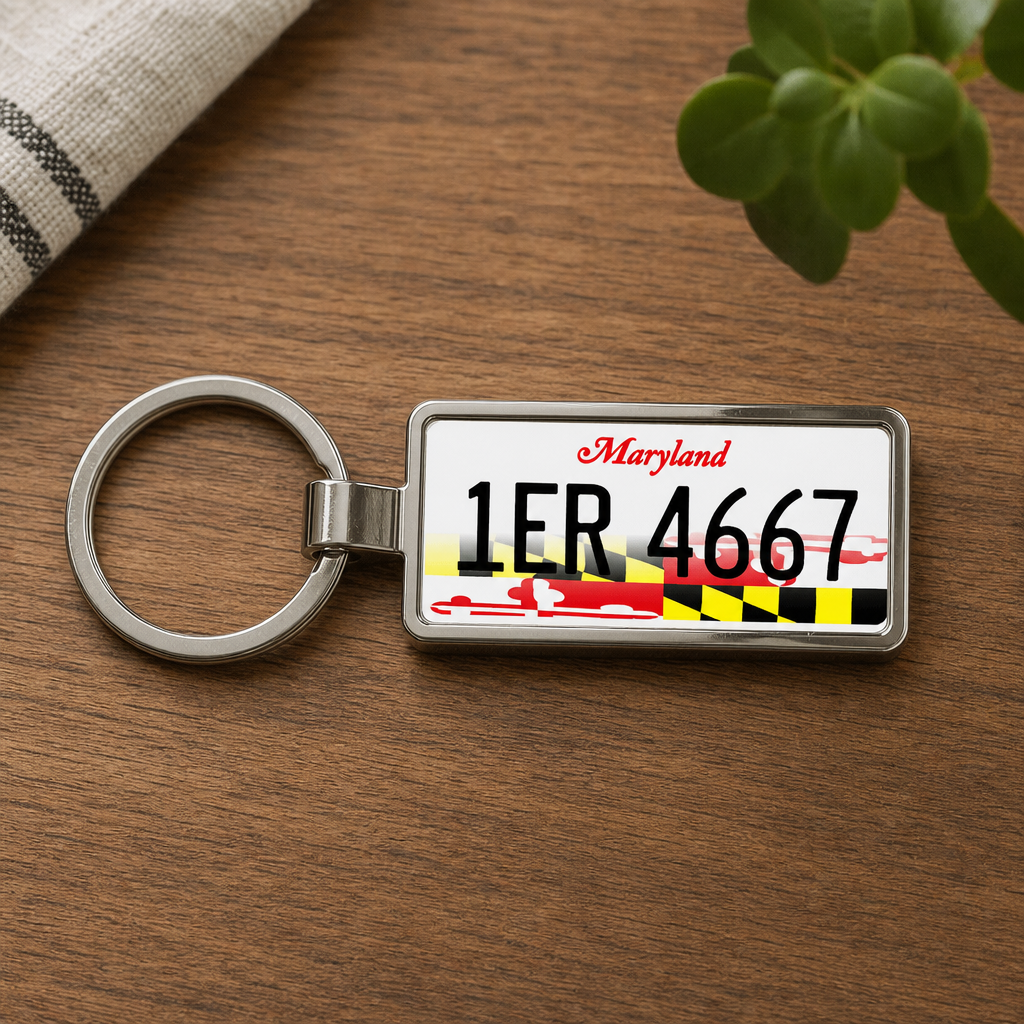 Maryland 1ER 4667 license plate keychain on_wood