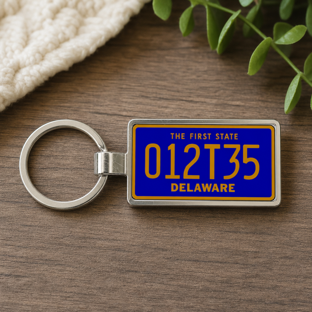 Delaware 012135 license plate keychain on_wood