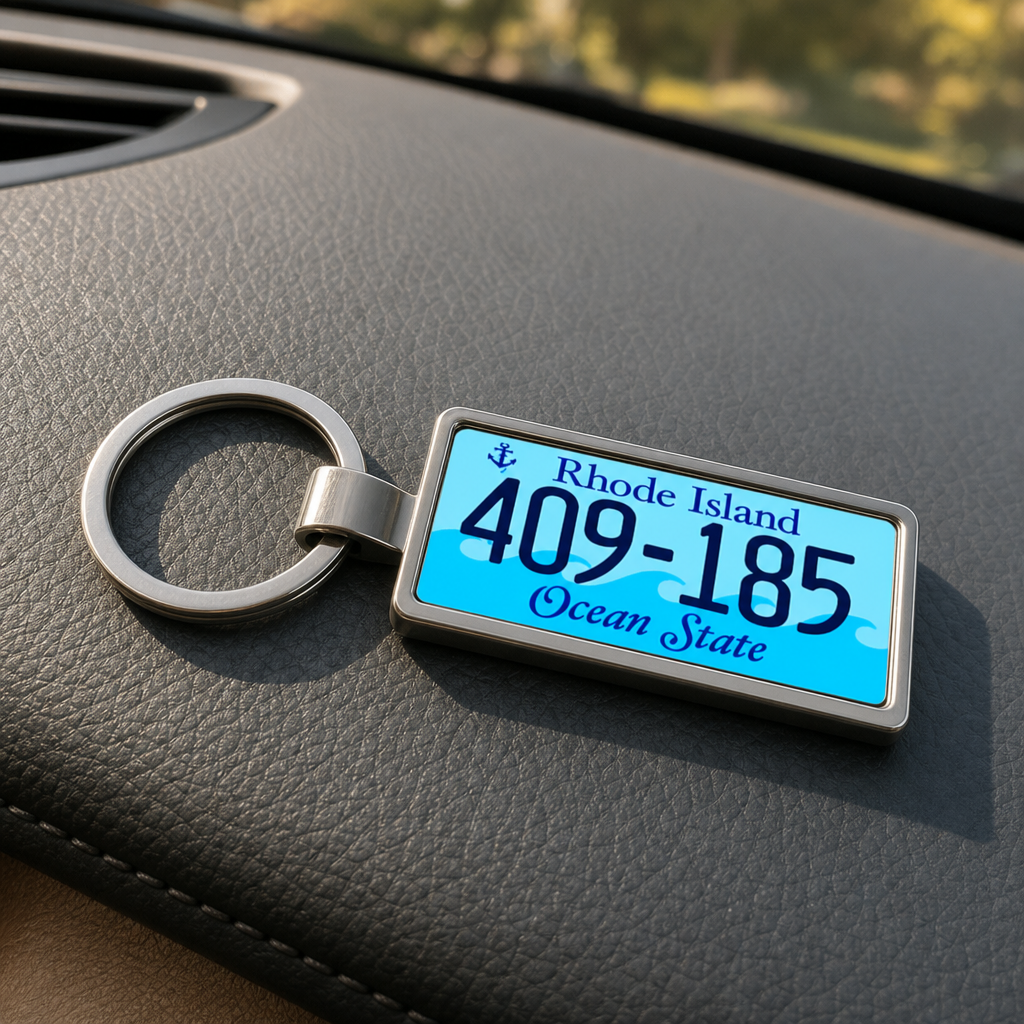 Rhode Island 409 185 license plate keychain on_dashboard
