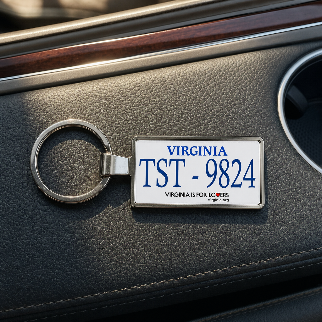 Virginia license plate keychain on car dashboard