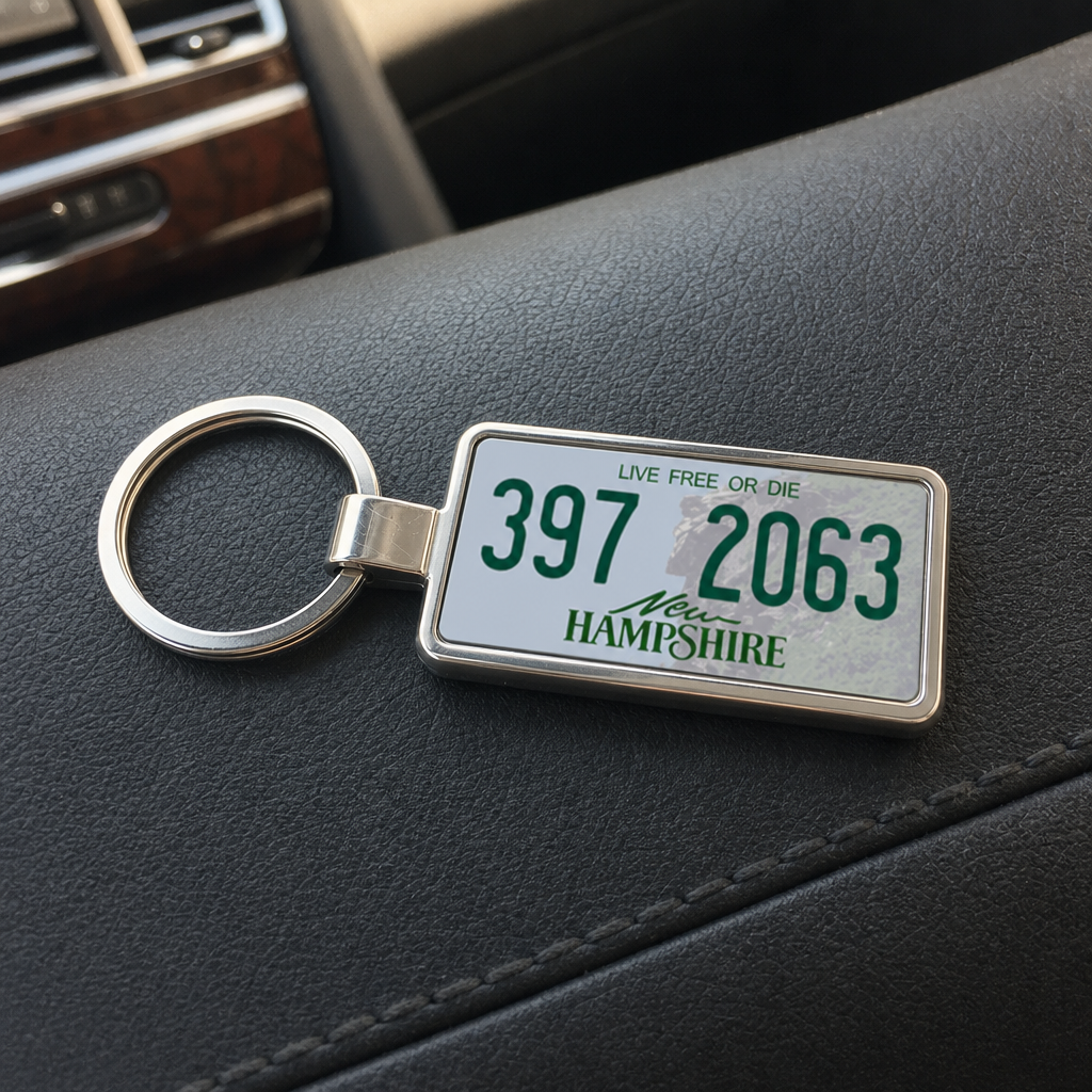 New Hampshire 397 2063 license plate keychain on_dashboard