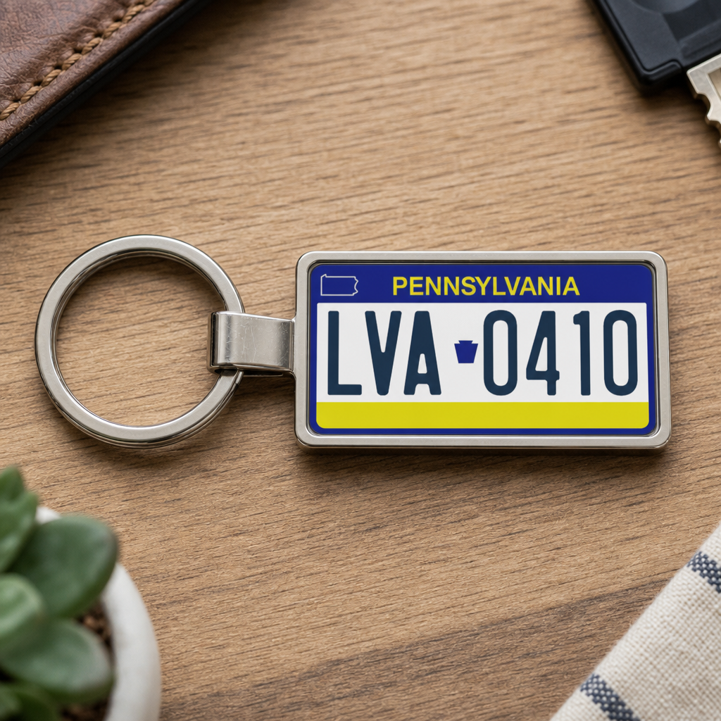 Pennsylvania LVA 0410 license plate keychain on_wood